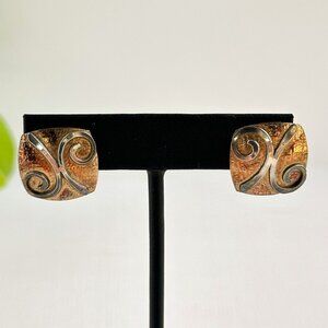 Modernist Sterling Silver & Copper Earrings For Pierced Ears 5/8" Unique Square